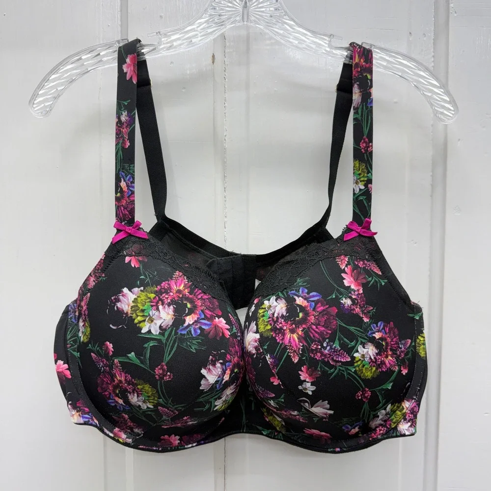 Cacique Boost Balconette Bra 44DD Black Floral Lace Underwire Molded Cup